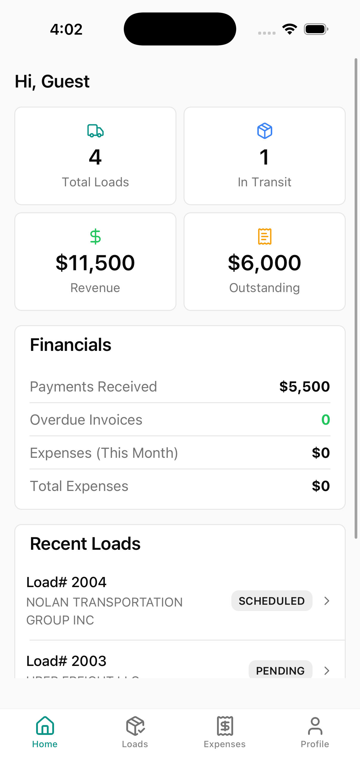 Naruto TMS dashboard showing total loads, revenue, and recent load activity